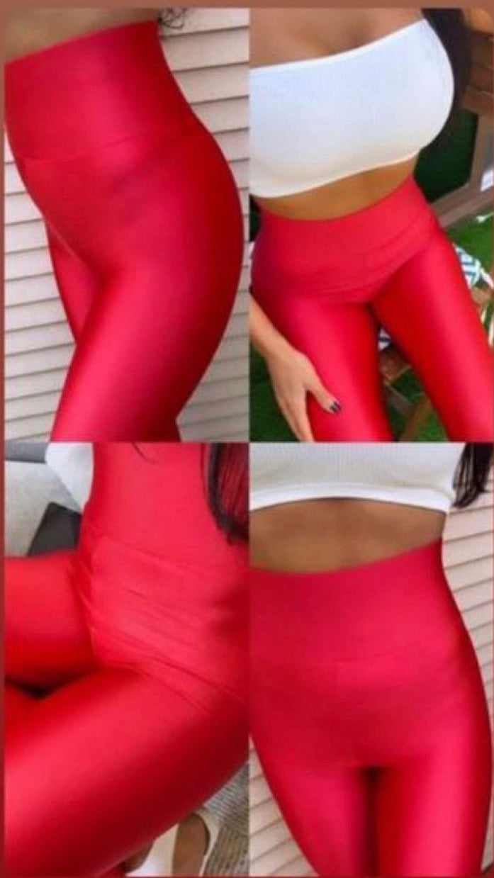 Red leggings worn by a person, shown from different angles.