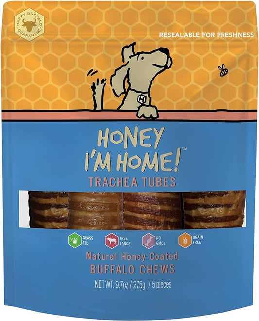 Honey I'm Home Natural Honey Coated Buffalo Dog Treats, Trachea Tubes 5 Pieces