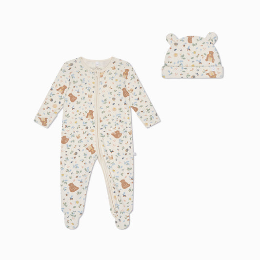 Bear Print Clever Zip Sleepsuit & Hat Set