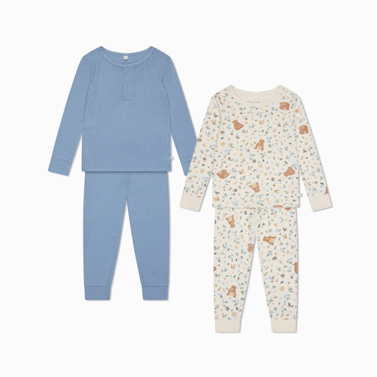 Bear Print & Waffle Pyjamas 2 Pack