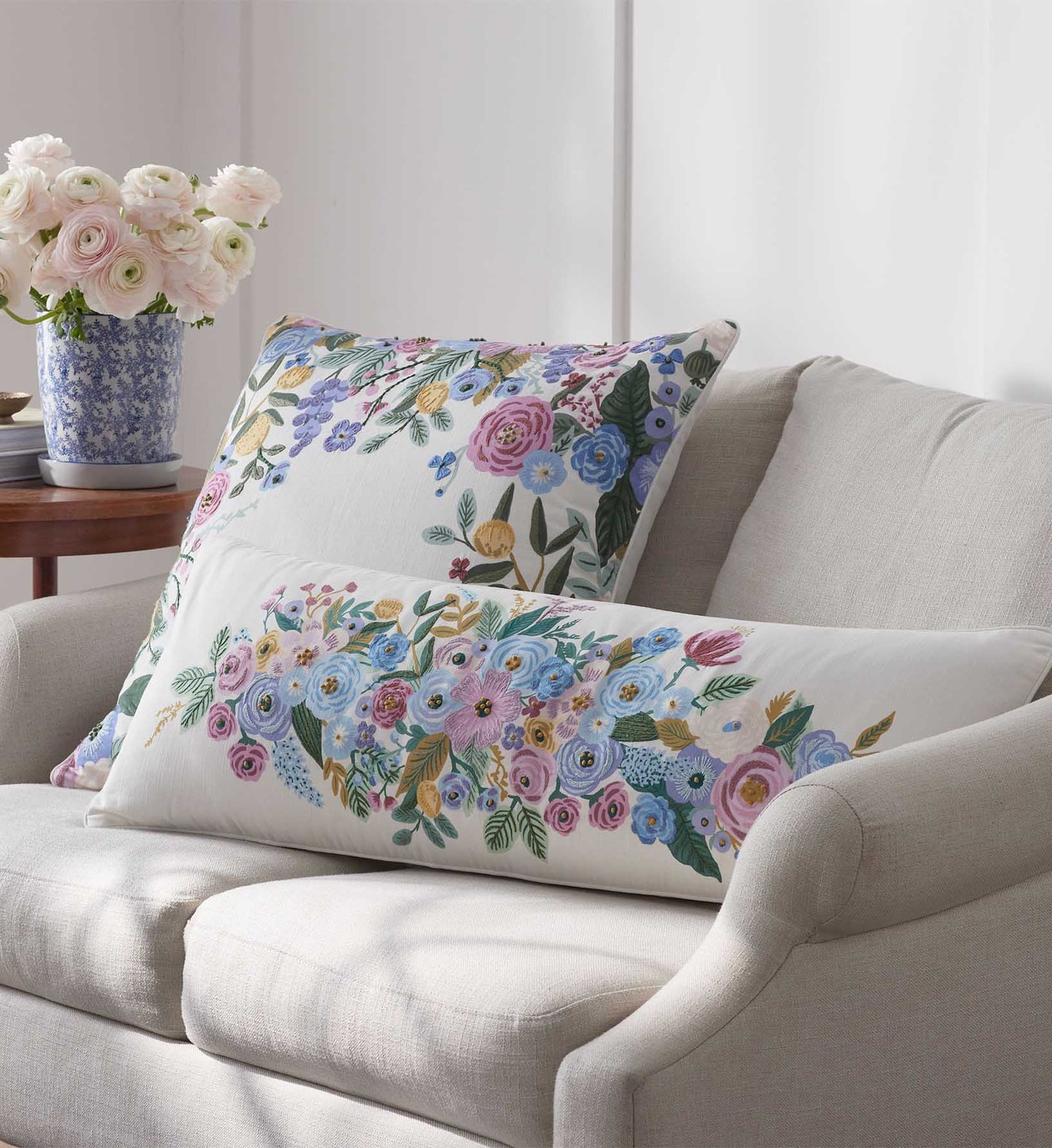 Embroidered Lumbar Pillow Cover - Garden Party Ivory