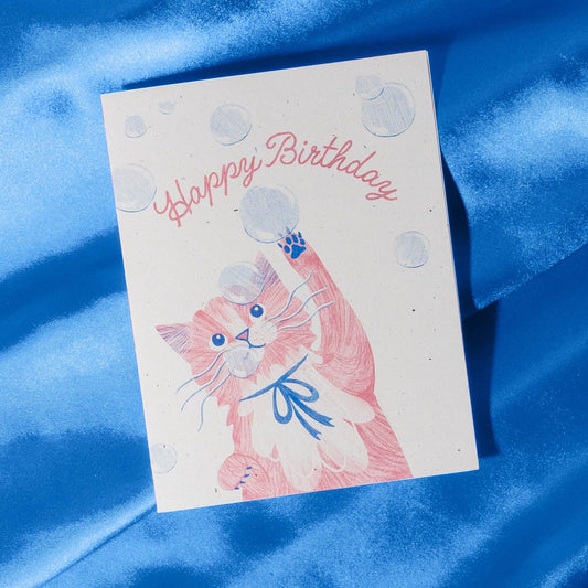 Bubbles Birthday Cat  - Risograph Card