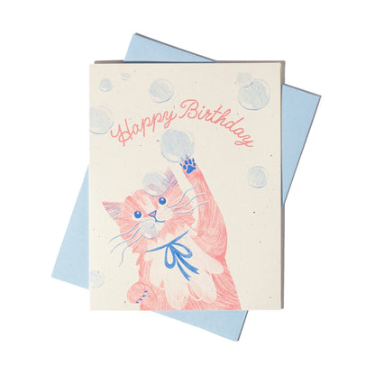 Bubbles Birthday Cat  - Risograph Card