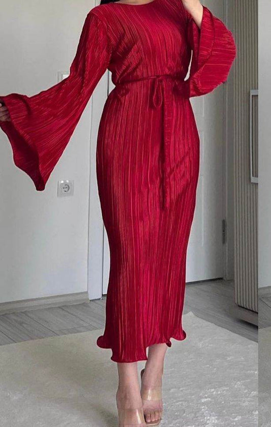 Textured Tied Round Neck Long Sleeve Dress- Red Color - oneinmelon